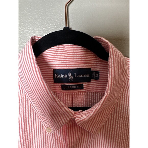 Ralph Lauren XL Cotton‎ Seersucker Shirt Striped Classic Green Pony Pink White - Picture 4 of 6